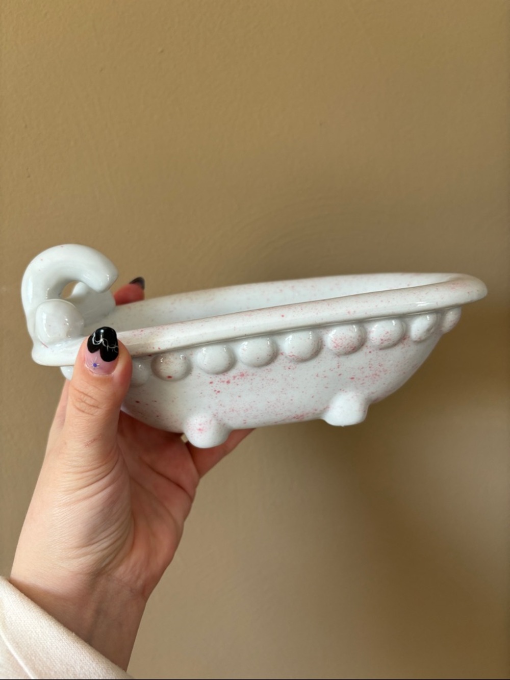 Vintage Speckled Ceramic Mini Bathtub Dish - White with Pink Flecks